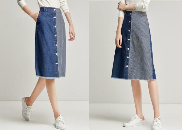 CF Buttons Ladies Dress Skirt Contrast Stripe Denim 100% Cotton Mid Length