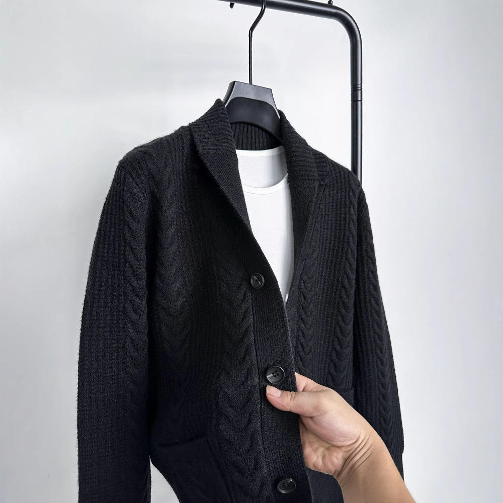 Men's Thick 30% Wool Cable Knit Cardigan Sweater Japanese-Style Retro Twist-Pattern V-Neck