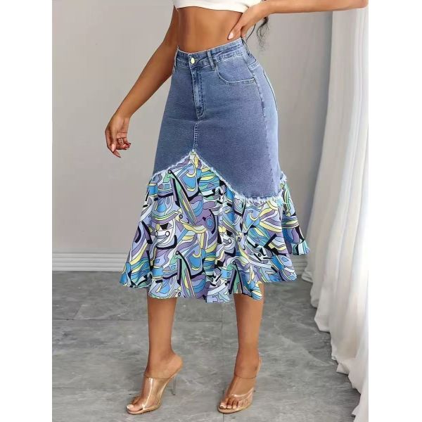 Denim Patchwork Floral Midi Skirt with A-Line Silhouette and Soft Durable Fabric