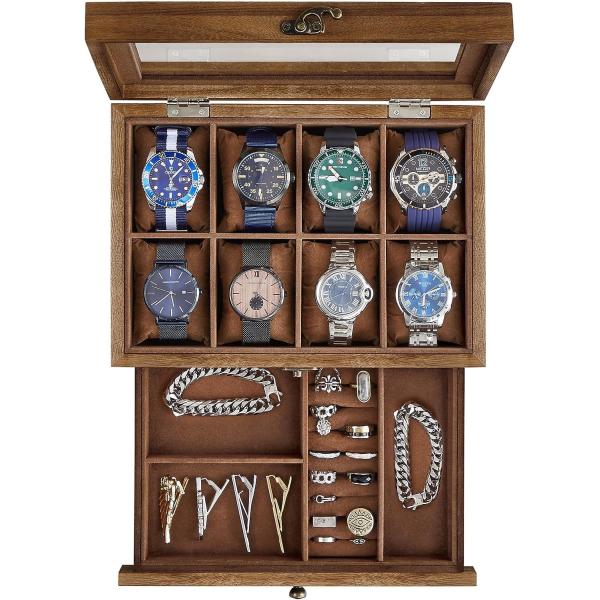 Handmade 8-Slot Rustic Walnut Wood Watch Box 2-Tier Display Case With Large Glass Lid