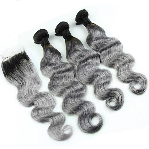 Ombre 1b/Grey Human Hair Bundles with Closure Body Wave 3 Hair Bundles with Closure Remy Hair Extension