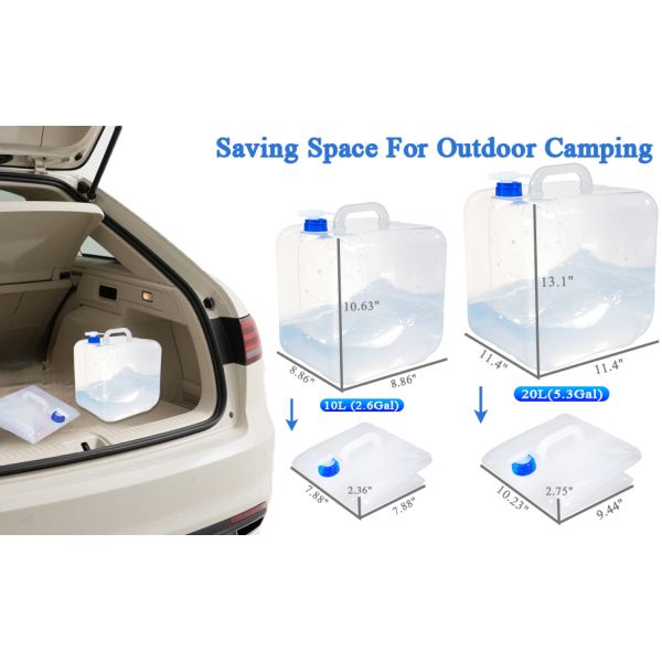 Collapsible Water Container With Spigot & Hook, BPA Free Water Jug, Foldable Carrier Bucket, Water Storage Container For Camping Hiking Survival Kit, 2-Pack (20L/5.3 Gallon)