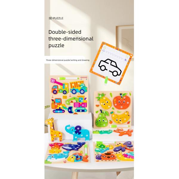 Montessori 4-in-1 Children's Wooden 3d Puzzle Early Education Cartoon Jigsaw With Drawing Board Certified En71 Games for Boys