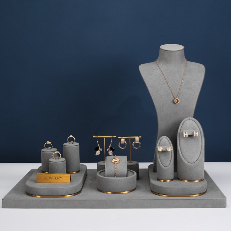 High-End Microfiber Necklace Ring Earrings Showcase Gray Jewelry Counter Display Props with Window Display Set