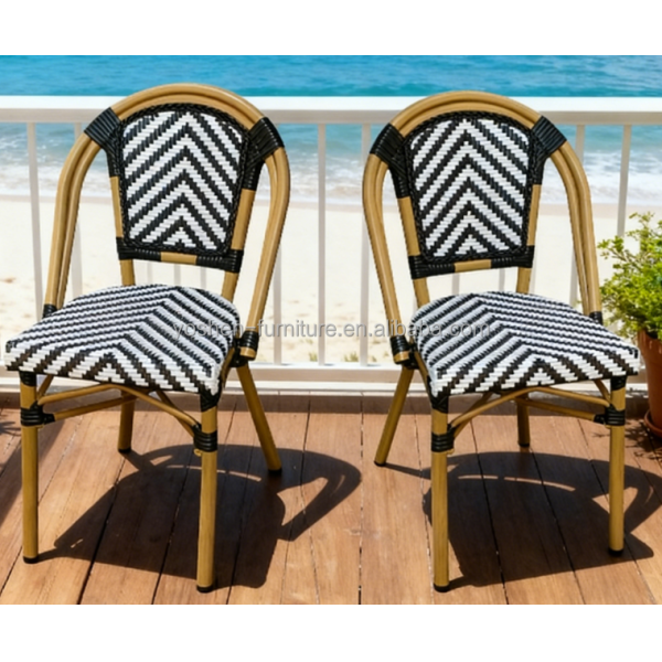 French Bistro Style All Weather Rattan Wicker Café Shop Dining Chair Stackable Outdoor Chair