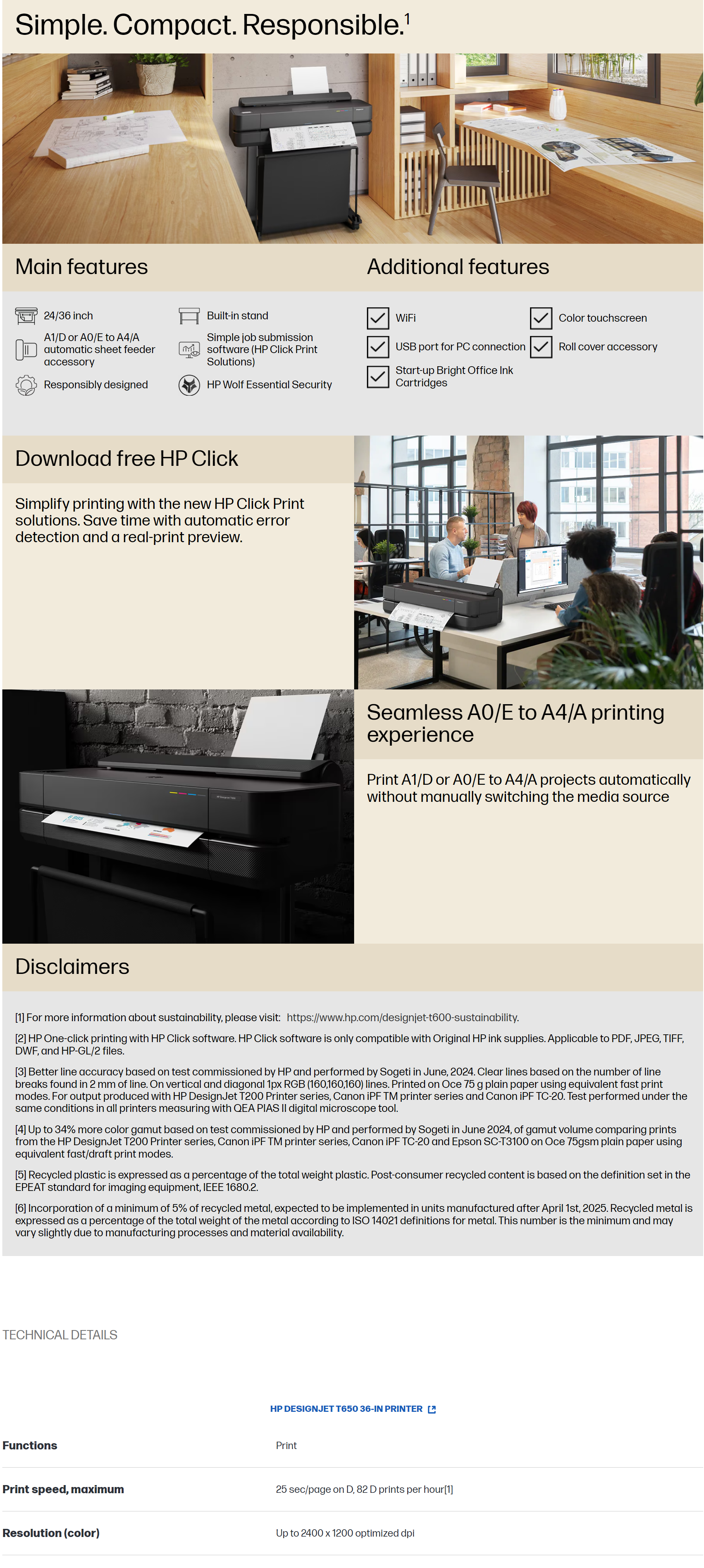 CAD  Printer HP Design Jet T650 36 Inch Color Ink Jet Printer