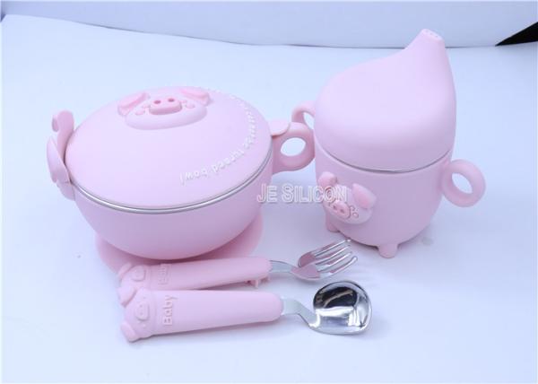 Pig Shape Pink Silicone Baby Feeding Set , Silicone Plates And Bowls FDA Approved