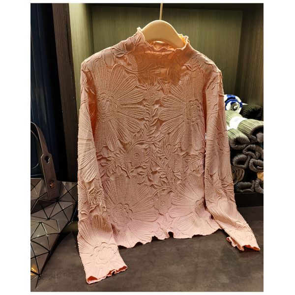 Japanese Pleated Stand Collar Long Sleeve T-shirt Top Printed Pleated Embodying Pleated Process Makes Flower Fashionable