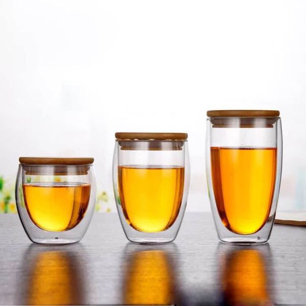 Amber Color Double Walled Tea Mug Set Reusable Glass Coffee Mugs With Bamboo Lid