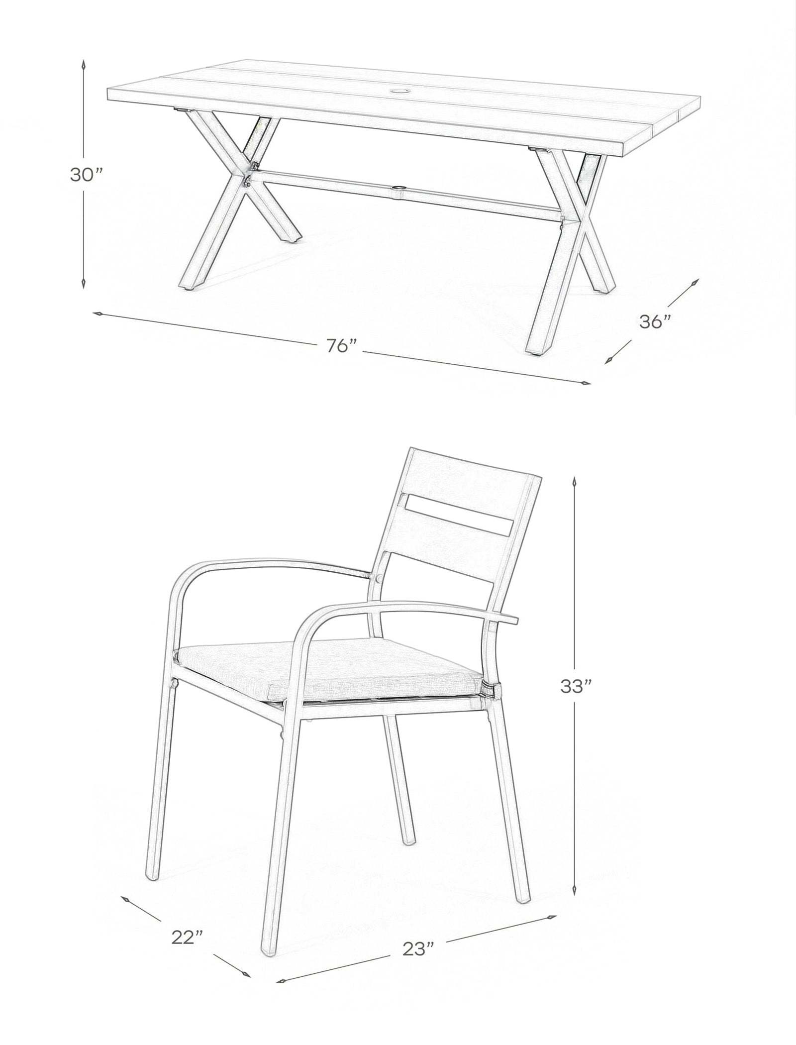 AJUNION X Shape Outdoor Dining Set for Restaurant 76D x 36W x 30''H Table Size