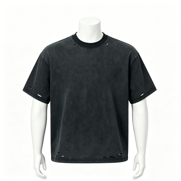 Ripped Wash Basic Crew Neck Tee Grunge Loose Fit T Shirt 275GSM