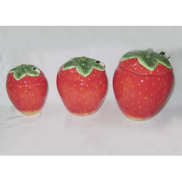 Strawberry Shaped Sealed Ceramic Kitchen Canisters 3 Set Hand Painted