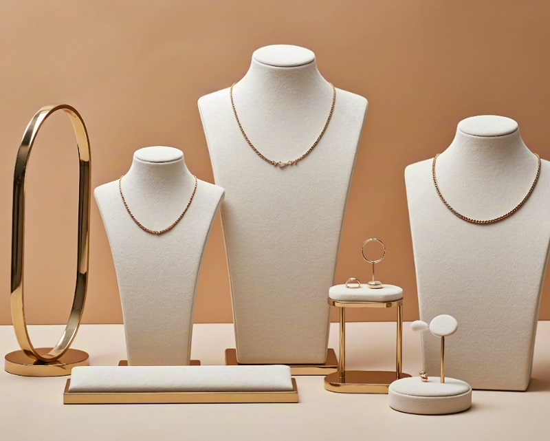 Elegant Gold Metal Frame Jewelry Display Set with Premium Beige Velvet Lining for Multi-functional Luxury Retail Showcase