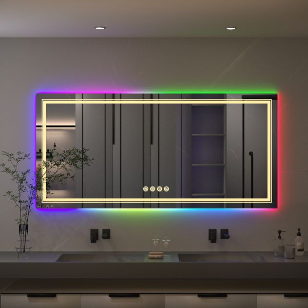Modern Luxury Frameless LED Backlit Bathroom Anti-Fog Rectangular Touch Screen RGB Color Changing Feature IP44 Rated for Hotels