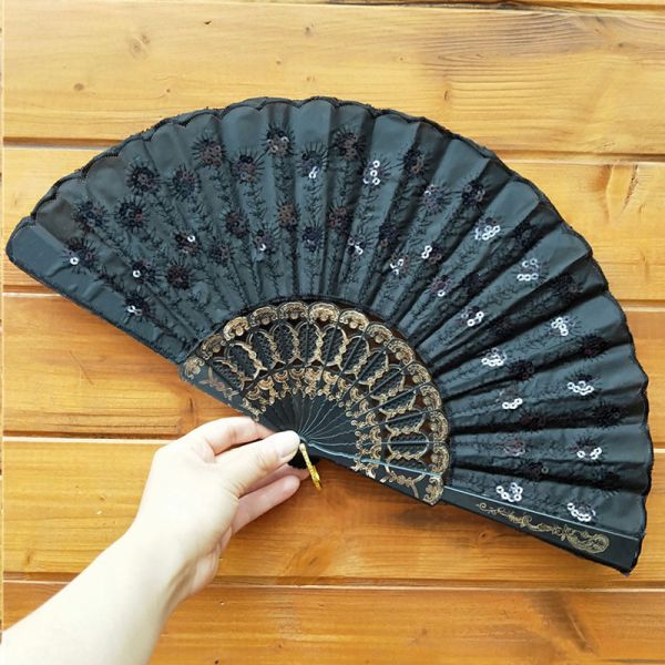 [I AM YOUR FANS] Embroidery Sequin Hand Fan Classic Plastic Frame Fabric Dancing Hand Fan for Holiday Events Wedding
