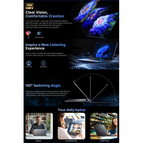 Intel Celeron Quad Core Laptop 15.6-inch IPS Dual Screen Notebook  DDR4 RAM SSD Storage  English Keyboard Magnetic Camera