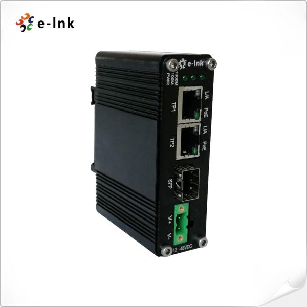 Mini Industrial 1-Port 100/1000X SFP to 2-Port 10/100/1000T 30W PoE+ Media Converter