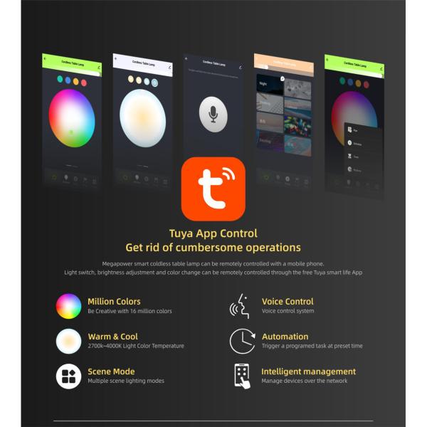 Megapower App Control Table Lamp Color Changing RGB & Dimmable Warm White Night Light for Bedrooms and Outdoor