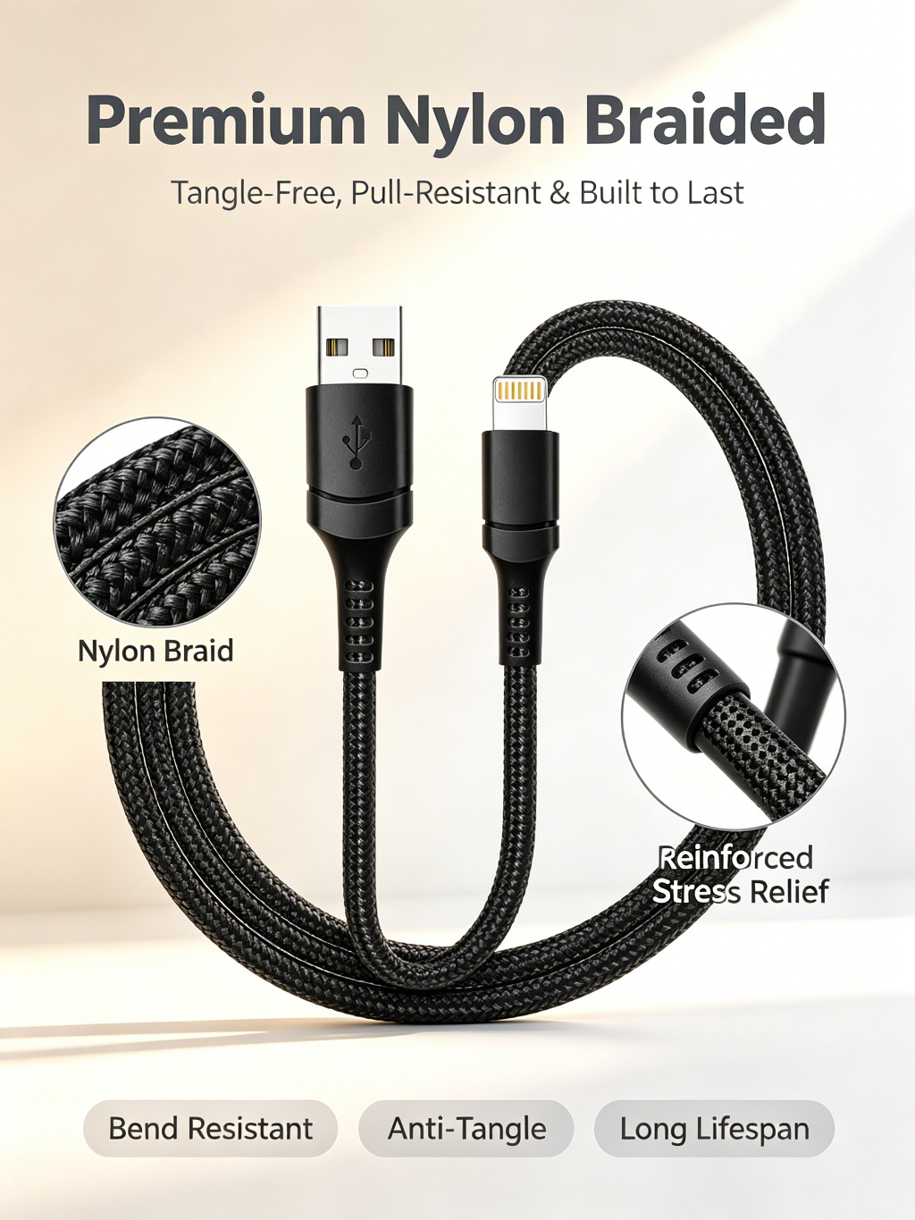 1m Lighting To Usb Cable Fast Charging Data Cable Nylon Braided