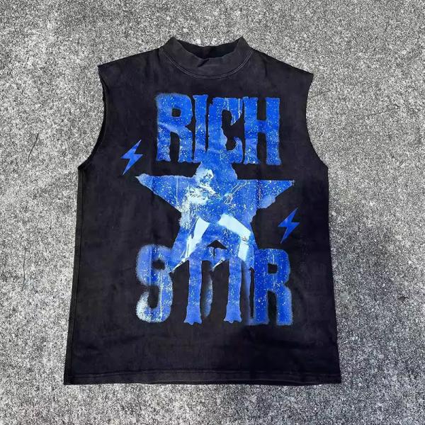 Custom Print Logo Applique Rips Tank Top Cut and Sew Acid Wash Sleeveless Fitness Gym Muscle Blank Drop Armhole Vest T Shirt Men