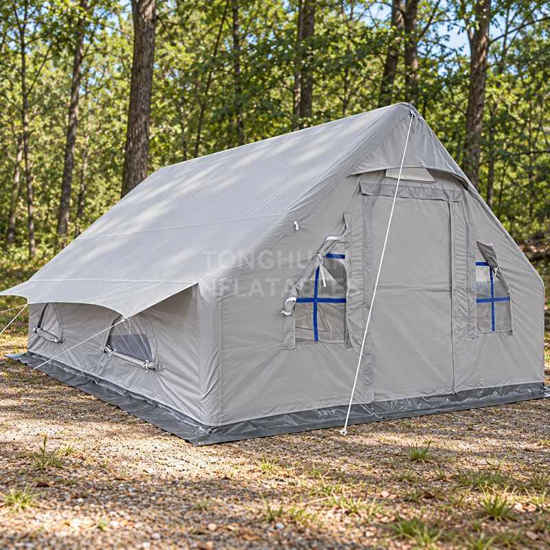 Custom Gray Inflatable Camping Tent with Air Beam Frame and Clear Windows for Campsites and Outdoor Recreation