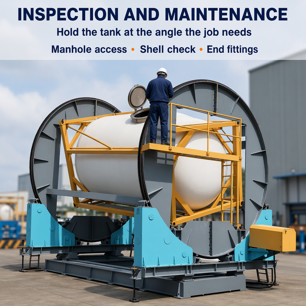 Automatic Cycle Tank Container Rotator with Programmable Angle Setting, 360° Rotation for ISO Tank Repair and Assembly