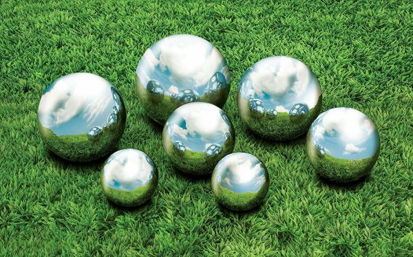 Bola de metal contínua da esfera do jardim de 7 partes 2 3/8 - 4 3/4 prata lustrada espelho