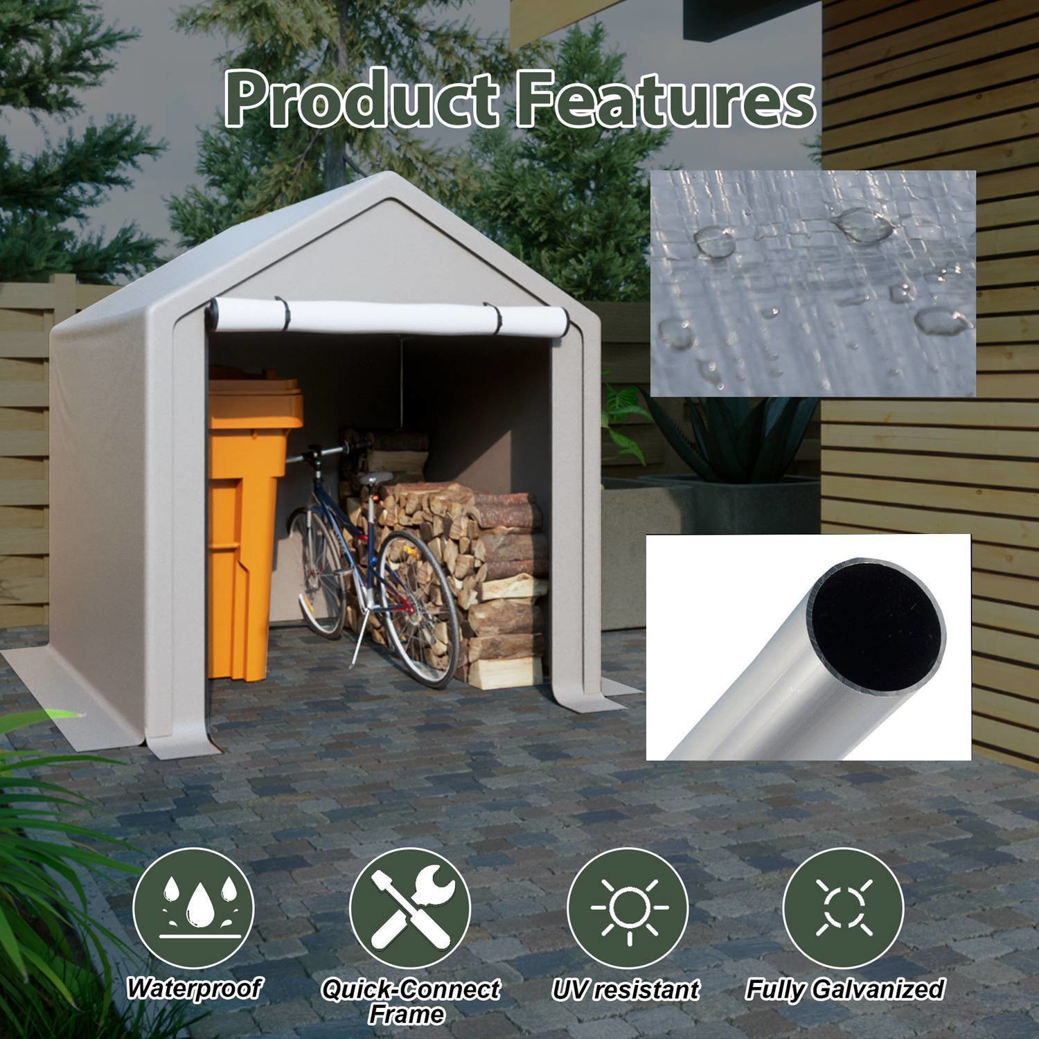 PE Fabric Roof Cover AJUNION 6.2x5.6ft Outdoor Storage Tent Metal Garden Bike Shed for Tools Firewood