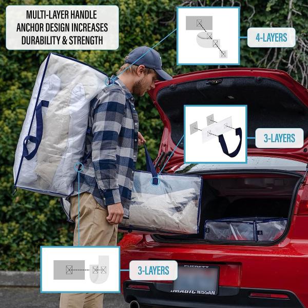 Heavy Duty Extra Large Clear Moving Bags W/Backpack Straps Strong Handles & Zippers, Storage Totes For Space Saving