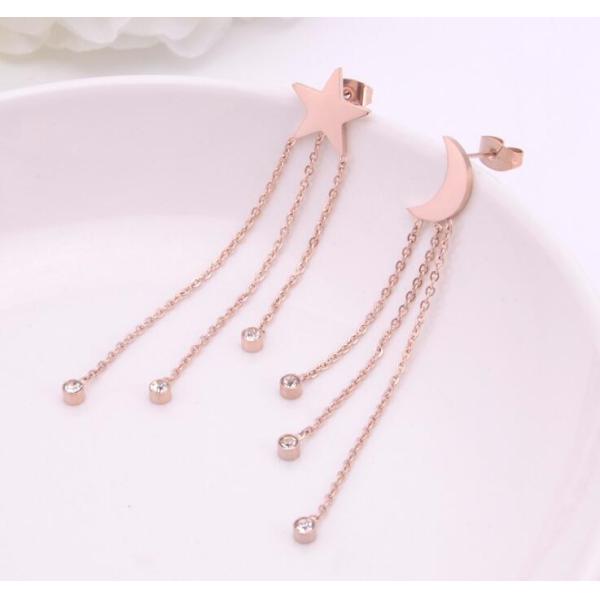 Sun Moon Shape Stud Earrings, Diamond Tassel Drop 316 Stainless Steel Women Earrings