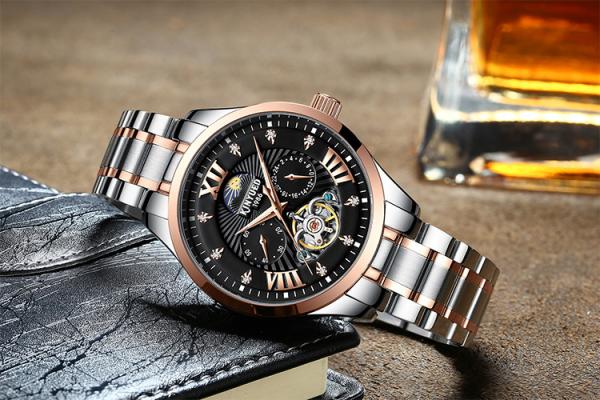 KINYUED Stainless Steel Watch Band OEM Mechanical Watch Manufacturer Automatic Skeleton Watch Men