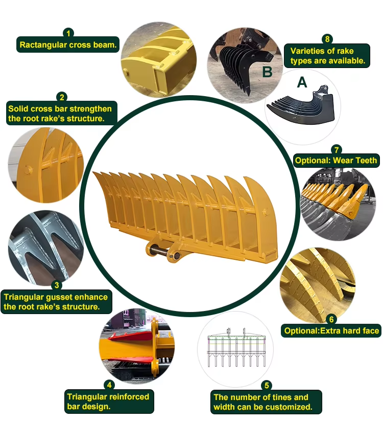 High Quality Customized 6-25Ton Excavator Root Rake Bucket Attachment for Construction and Farm Industries