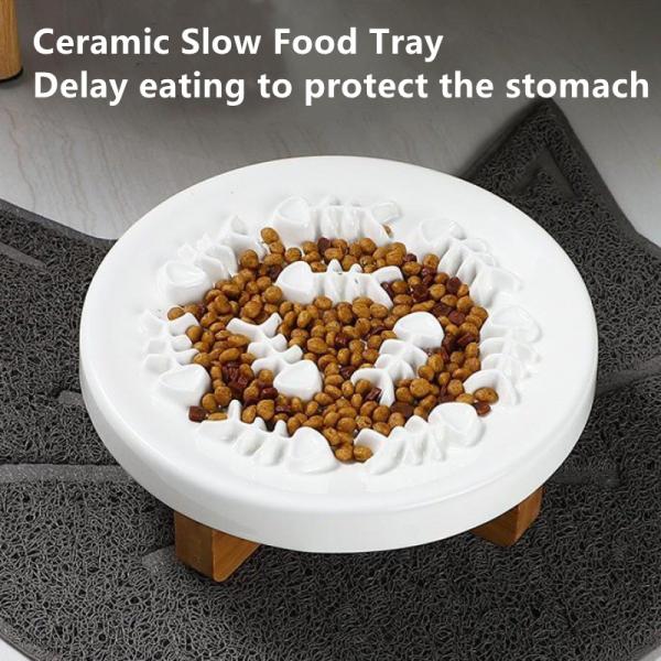 Solid Wood Heighten Pet Slow Food Bowl Cat Dog Ceramic Anti Choking