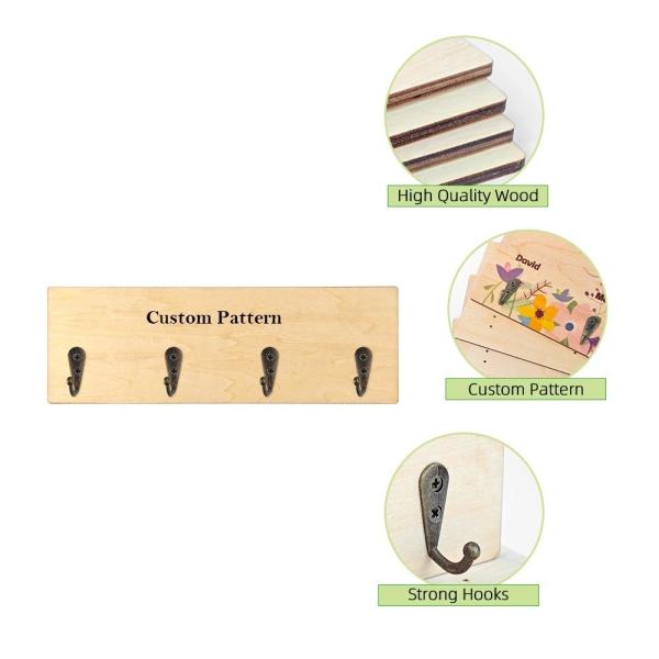 Plaque de porte-clés en bois rectangulaire à sublimation simple montée sur le mur avec des crochets pour l'impression photo à sublimation