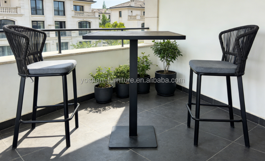 Outdoor Courtyard Rope-woven High-legged Bar Stool, with Backrest, Waterproof and Sun-resistant