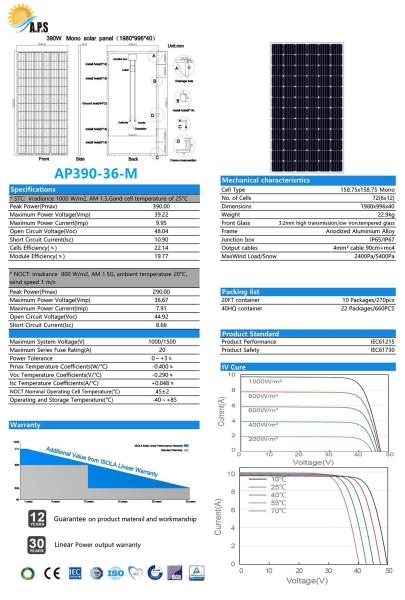 High Efficiency 390W, 395W, 36V 72 Cell 158x158  Monocrystalline Module,Solar Photovoltaic Module, Off Grid System