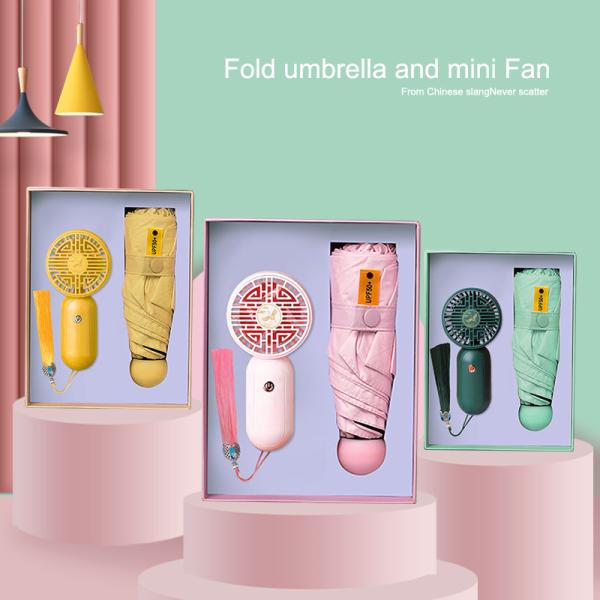 Pongee Umbrella Box 5 Folding Pocket Umbrella Mini Fan and Custom Logo Women Gift Box