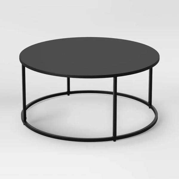 Black Round Wooden Coffee Table with Marble Top and Modern Metal Legs in Round Shape