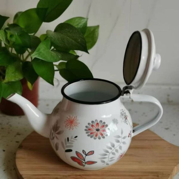 150g Flower Theme Enamel Carbon Steel Round Shape Coffee Pot Enamel Teapot Red Enamel Kettle