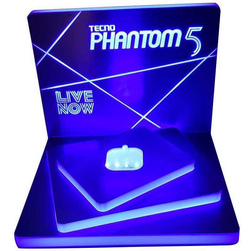 Illuminated Acrylic Phone Display Stand, LED Lighted Digital Product Counter Display Rack for Brand Stores, Smartphone Demo Booth with Holographic Effect