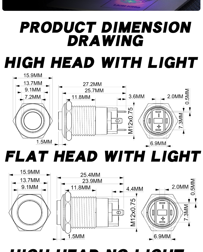 12mm Waterproof IP65 Push Button Switch Self-Locking 1NO High Level Flat Head/High Head On-Off Operation