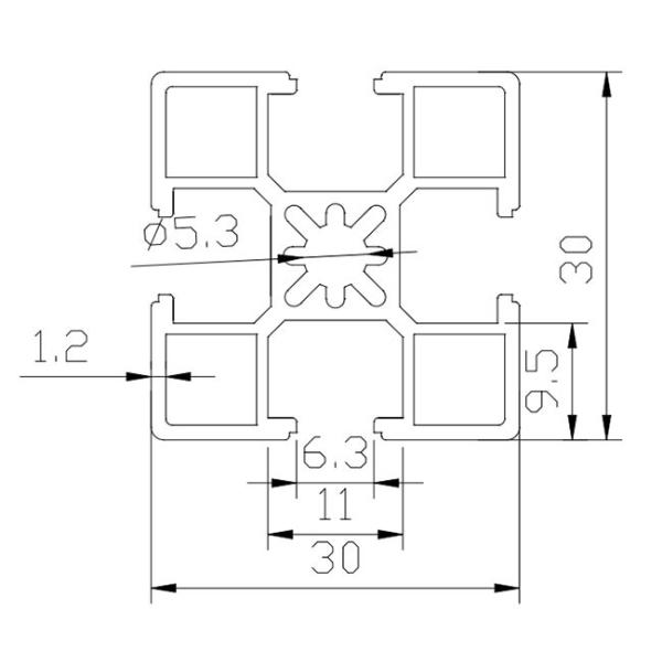 5.3mm Hole 30 * 30 T Slot Aluminum Profile 1.2mm Wall Thickness High Strength