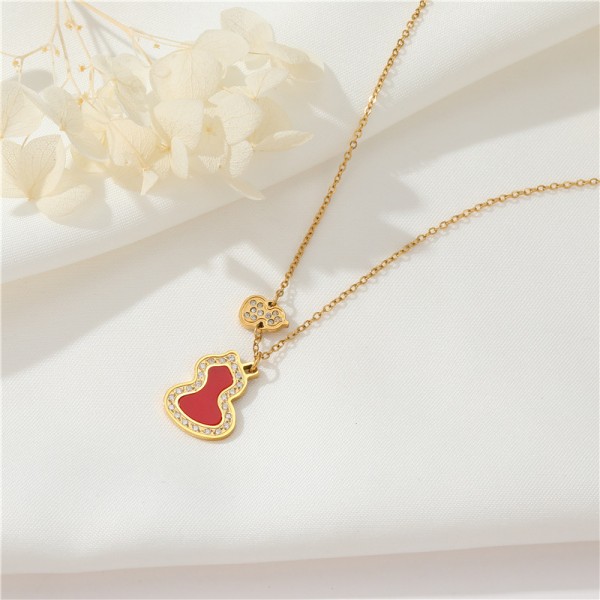 18K Vacuum Electroplated Stainless Steel Women's Necklace Micropaved Zircon Double Gourd Necklace Stainless Steel Jewelry