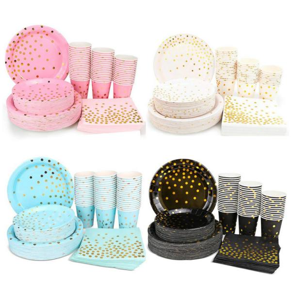 Eco-Friendly Disposable Party Supplies Gold Dot Pink Disposable Party Dinnerware Set