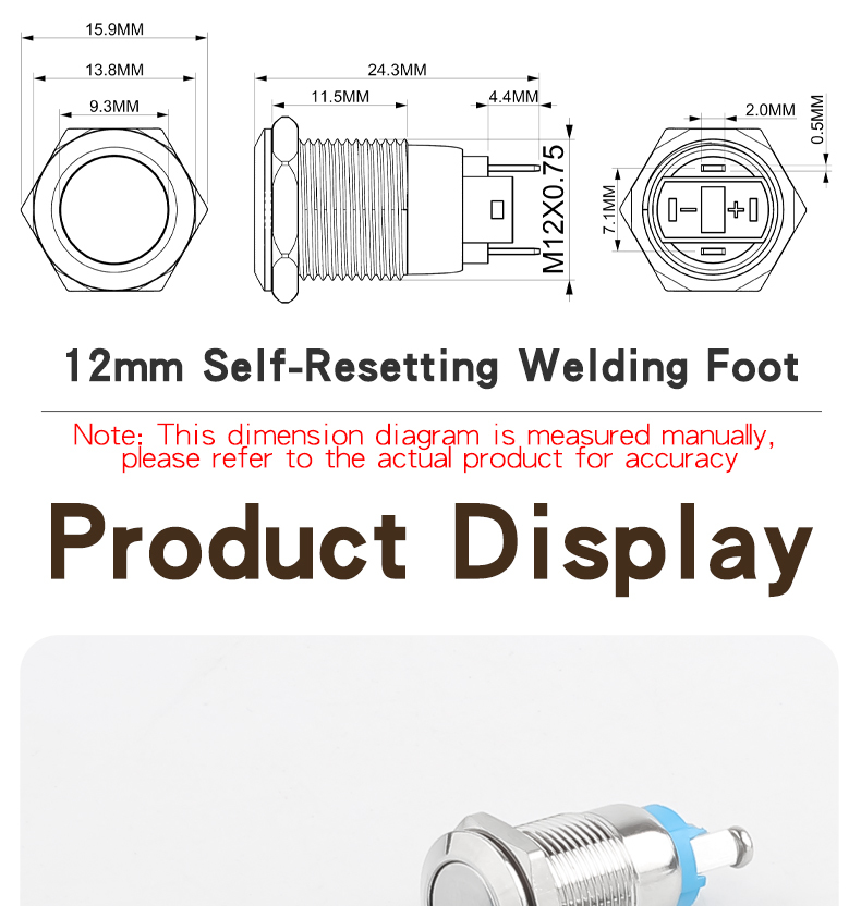 12mm Metal 2-Pin Push Button Switch, Self-Locking and Self-Resetting, Screw Terminals, Solder Pins, No Light, High Flat Head, Small Modding Button