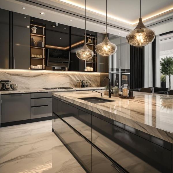 Des armoires de cuisine intelligentes haut de gamme sont sélectionnées avec des armoires de cuisine en laque finition brillante pour villa