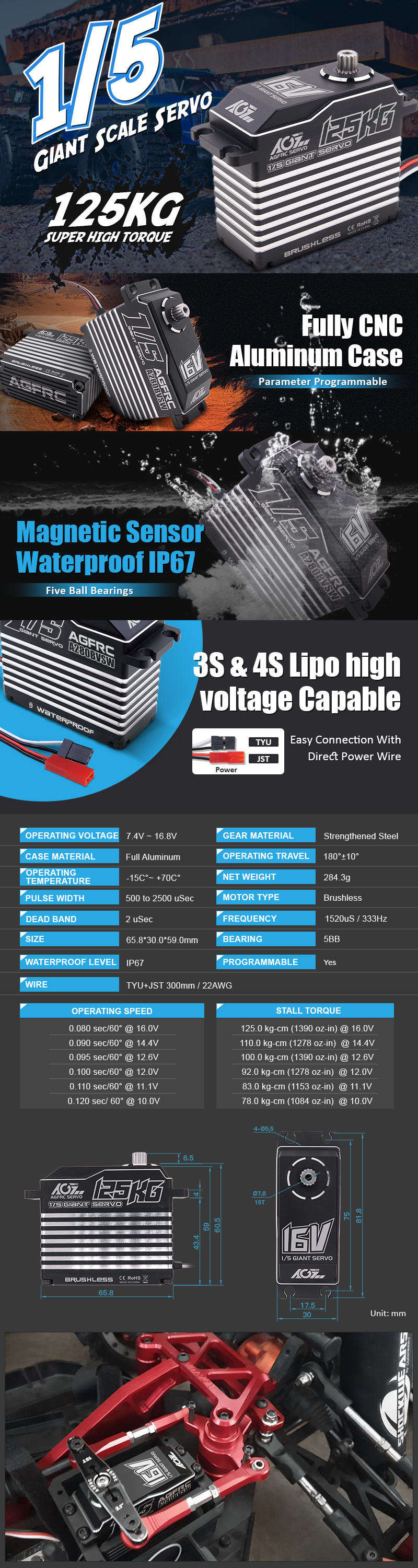 AGFRC A280BVSW 4S 16.8V 128KG Super Torque 0.077Sec Digital Brushless HV Metal Gear Waterproof Servo 1/5 RC Cars/Trucks Robot