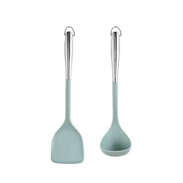 Силиконовая кухонная посуда из нержавеющей стали Кухонная посуда набор из 2-х штук Гибкая силиконовая головка Кухонная посуда со шпатулой, ложкой