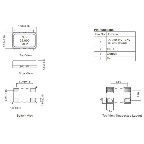 SMD 5032 TCXO с вырезанной синеволновой выходом 10 ~ 52MHz 1.8-3.3V