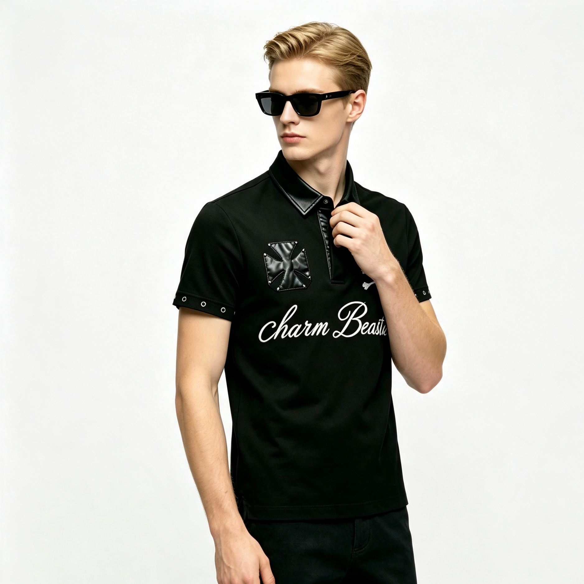 Gothic Skull Embroidery Polo Shirt, Faux Leather Collar Rivet Cross Patch Punk Short Sleeve Top for Men